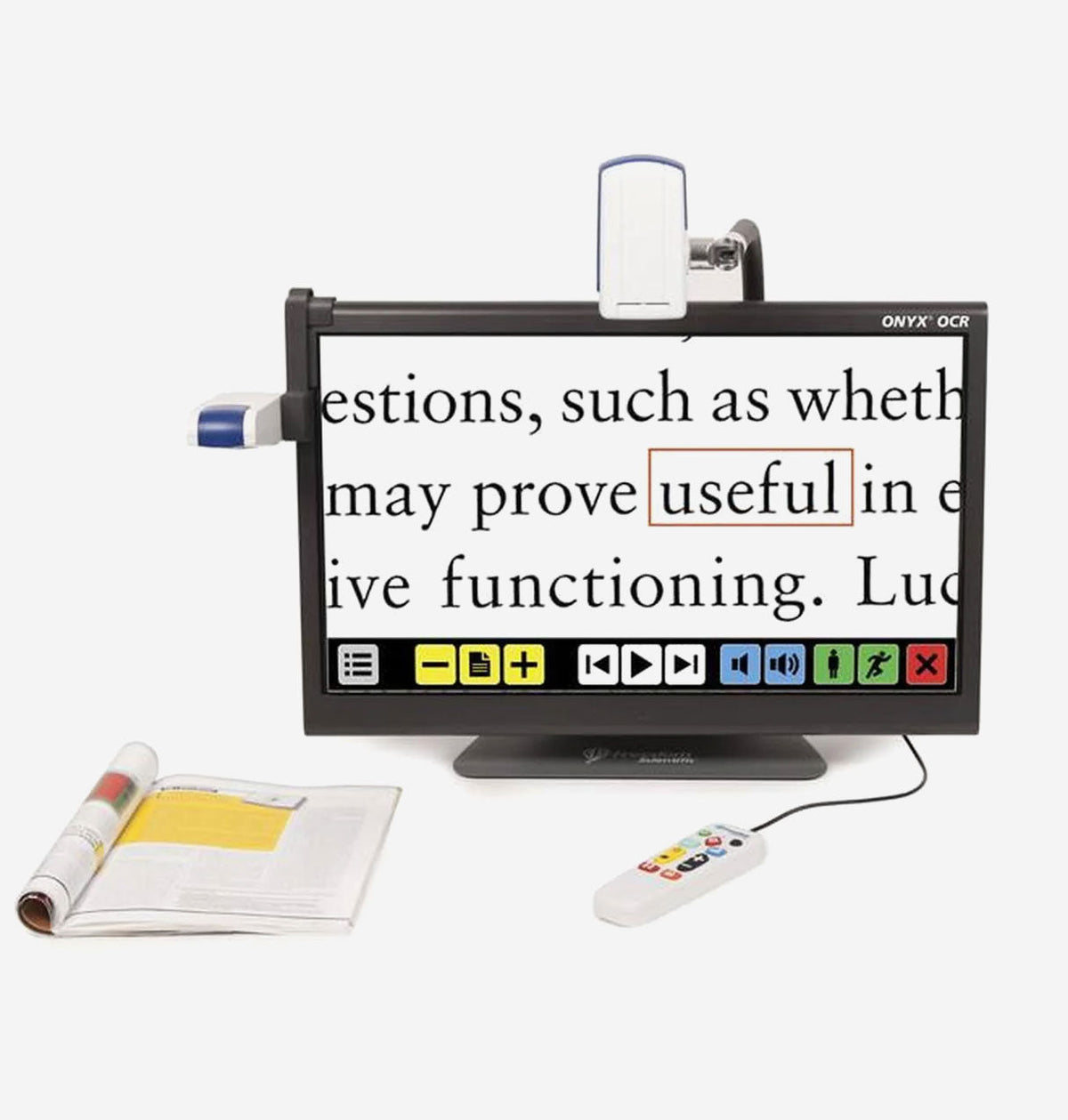 Monitor with text magnification tool and remote control on a white background