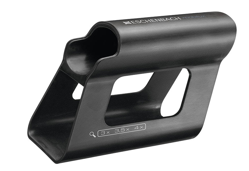 Black Mobase magnifier stand on white background. Suits 3X, 3.5X & 4X magnifiers