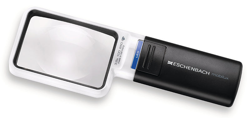 Handheld rectangle magnifier with Eschenbach branding on the handle on a white background. Model 15113