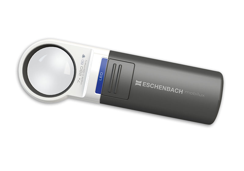 A handheld Eschenbach MobiLux magnifying lens with a white and dark gray body, featuring a blue LED sign, shown on a plain white background. Model 15117