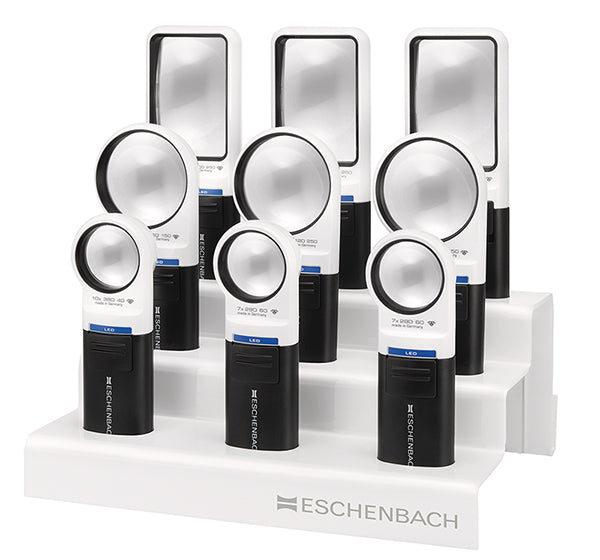 Eschenbach magnifying glasses on a display stand with a white background