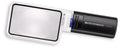 A handheld Eschenbach magnifier with a white frame and a black handle, featuring a blue accent button and white branding.