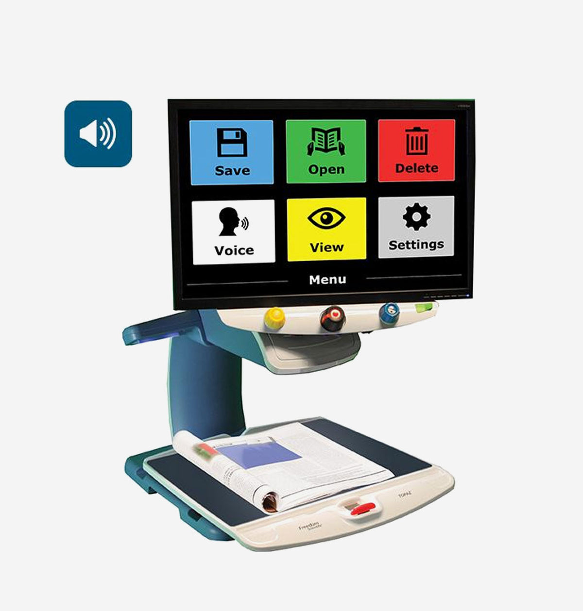 Topaz OCR 24+Speech device with a screen displaying function icons on a white background