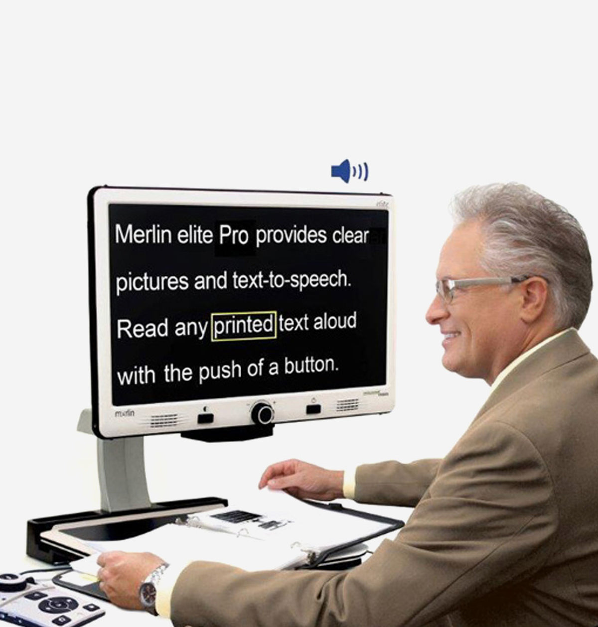 Man using a Merlin Elite Pro device to read from a binder with text displayed on a screen