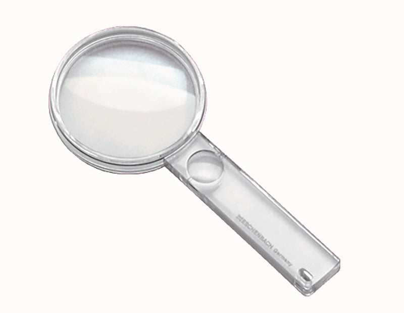 A clear plastic magnifying glass with a transparent handle and circular lens, shown on a plain white background. Model 2612401