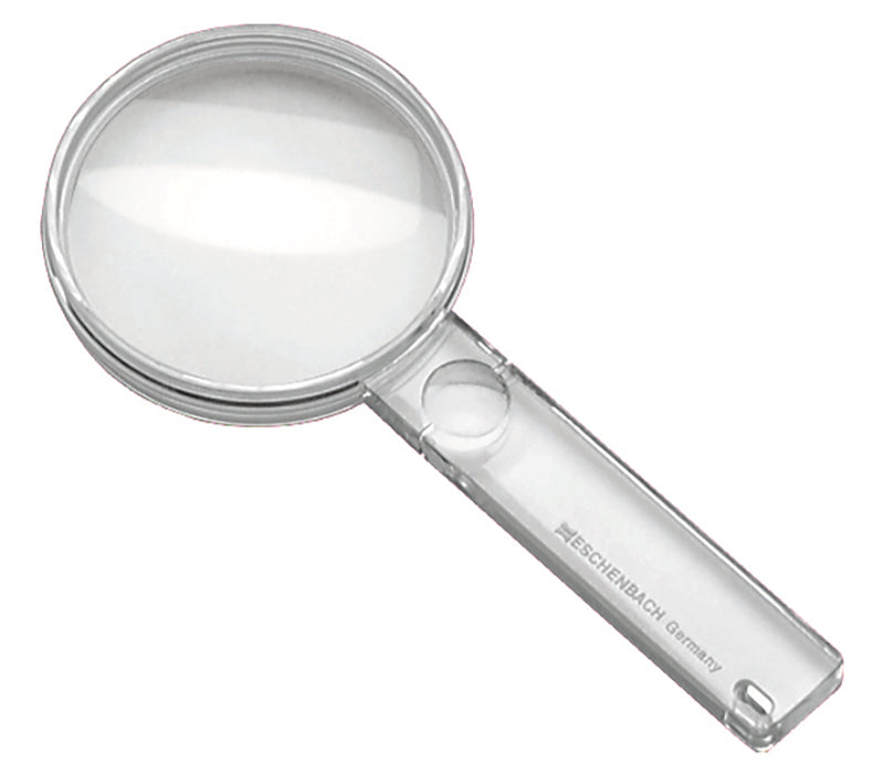 A clear plastic magnifying glass with a transparent handle and a silver metal rim, featuring the brand name 'ESCHENMACH Germany' printed on the handle, set against a plain white background. Model 2612601