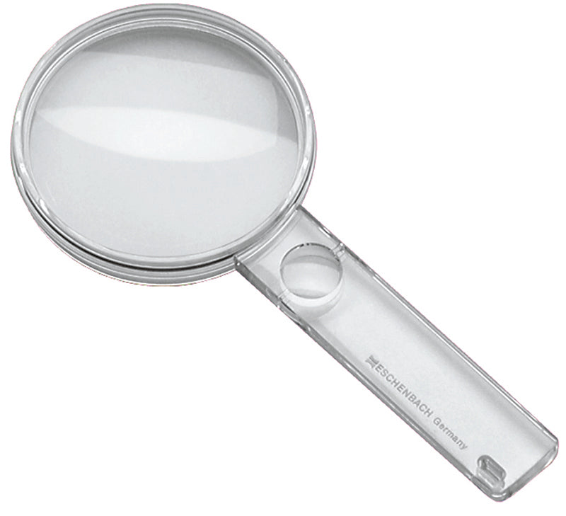 A clear plastic magnifying glass with a transparent handle, featuring the brand name 'Eschenbach Germany' printed on the side, set against a plain white background. Model 2612801