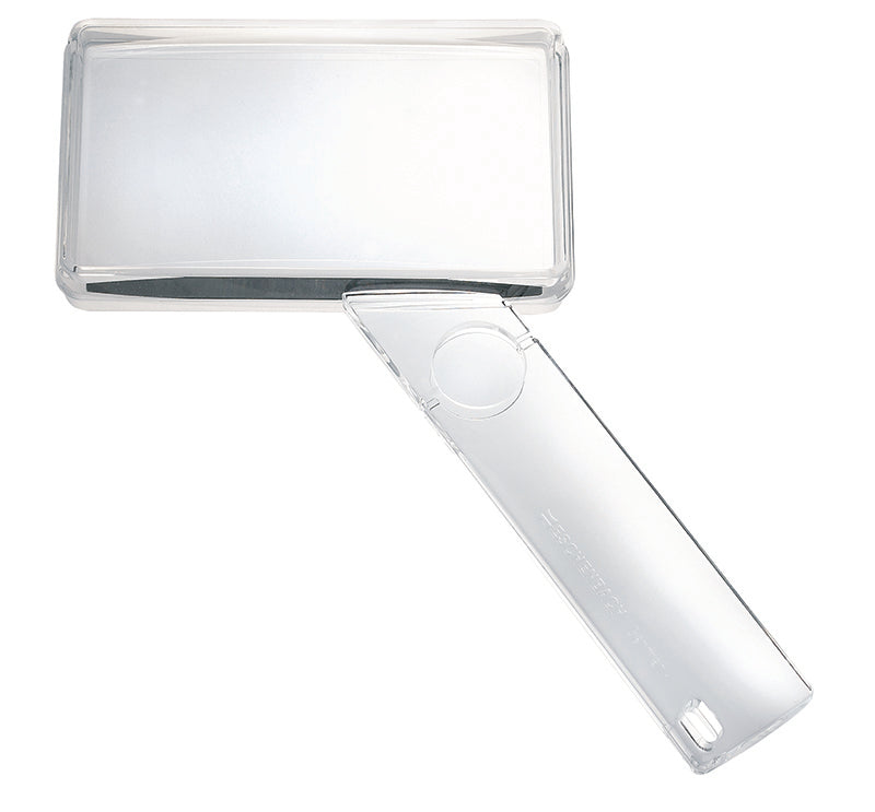 A clear, transparent rectangular hand magnifying glass with a matching clear plastic handle, shown on a solid white background. Model 26129501