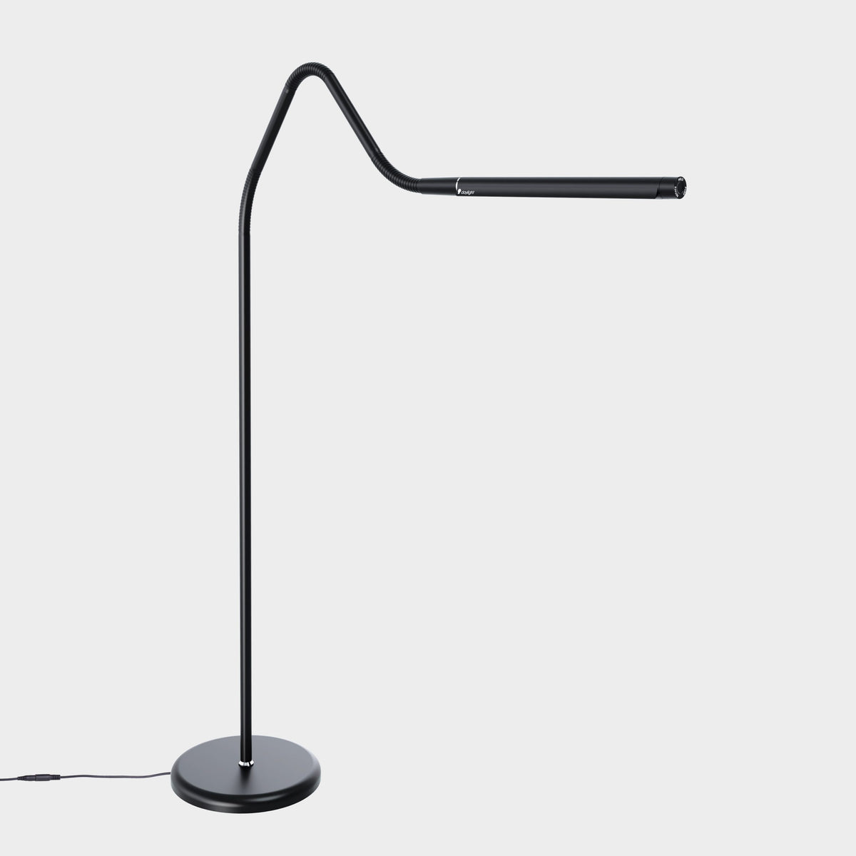 A modern black floor lamp with a curved neck and a horizontal arm, standing on a round base against a light gray background.