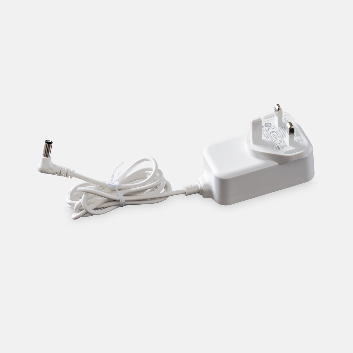 White power adapter with cable on a white background