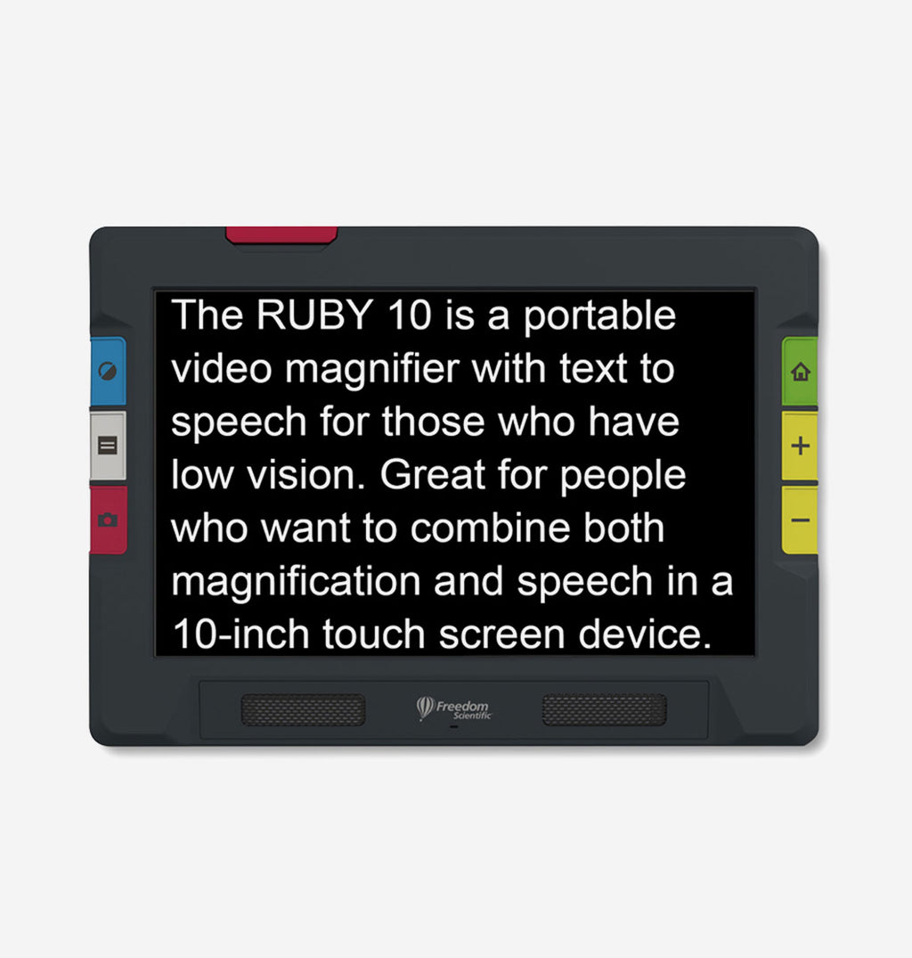 RUBY 10 Speech Portable video magnifier with text to speech on a white background