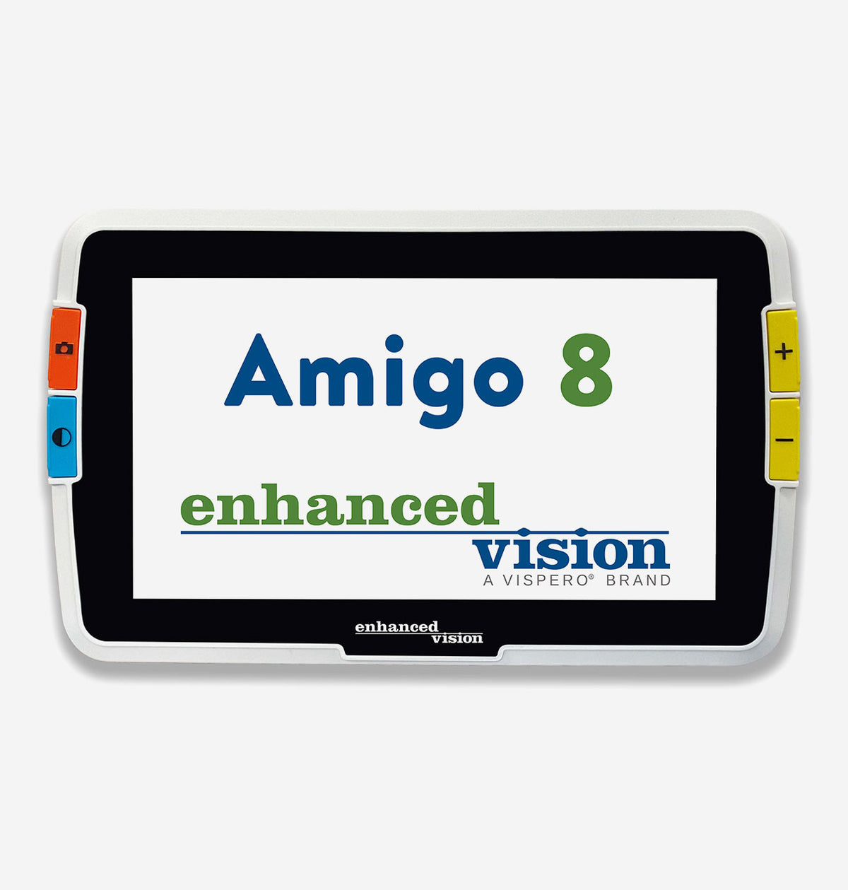 Amigo 8 tablet with 'enhanced vision' branding on a white background