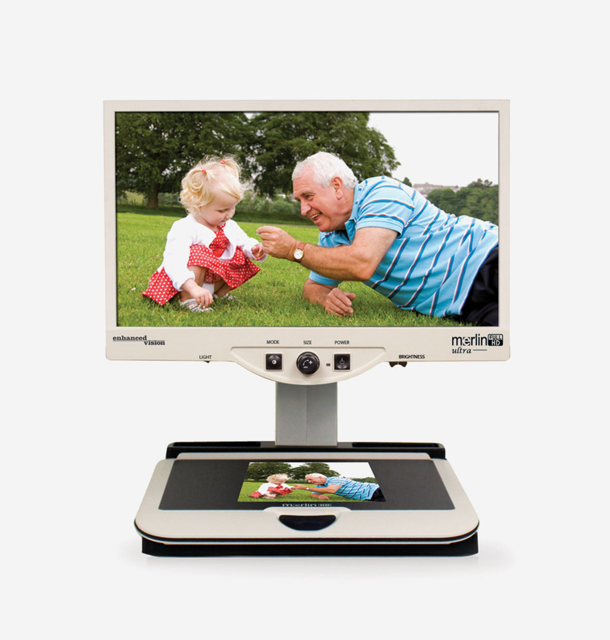 Merlin Ultra magnifying photo of grandfather and grandaughter playing on the grass