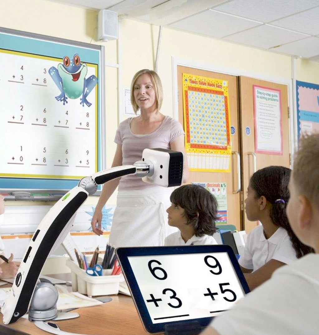 Teacher with students in a classroom using a Transformer HD-Wifi OCR and educational materials.