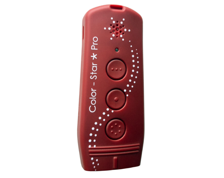 A red handheld electronic device with three round buttons, a speaker grille at the top, and white printed text reading 'Color - Star Pro' on a plain white background.