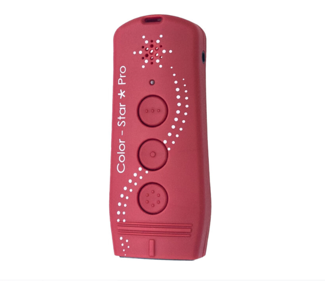 A red handheld electronic device labeled 'Color Star Pro' with three circular buttons and white dotted decorative graphics, shown against a plain white background.
