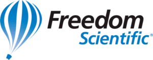 The logo for Freedom Scientific, featuring a blue and white striped hot air balloon on the left, with the brand name 'Freedom Scientific' in black and blue text on a white background.