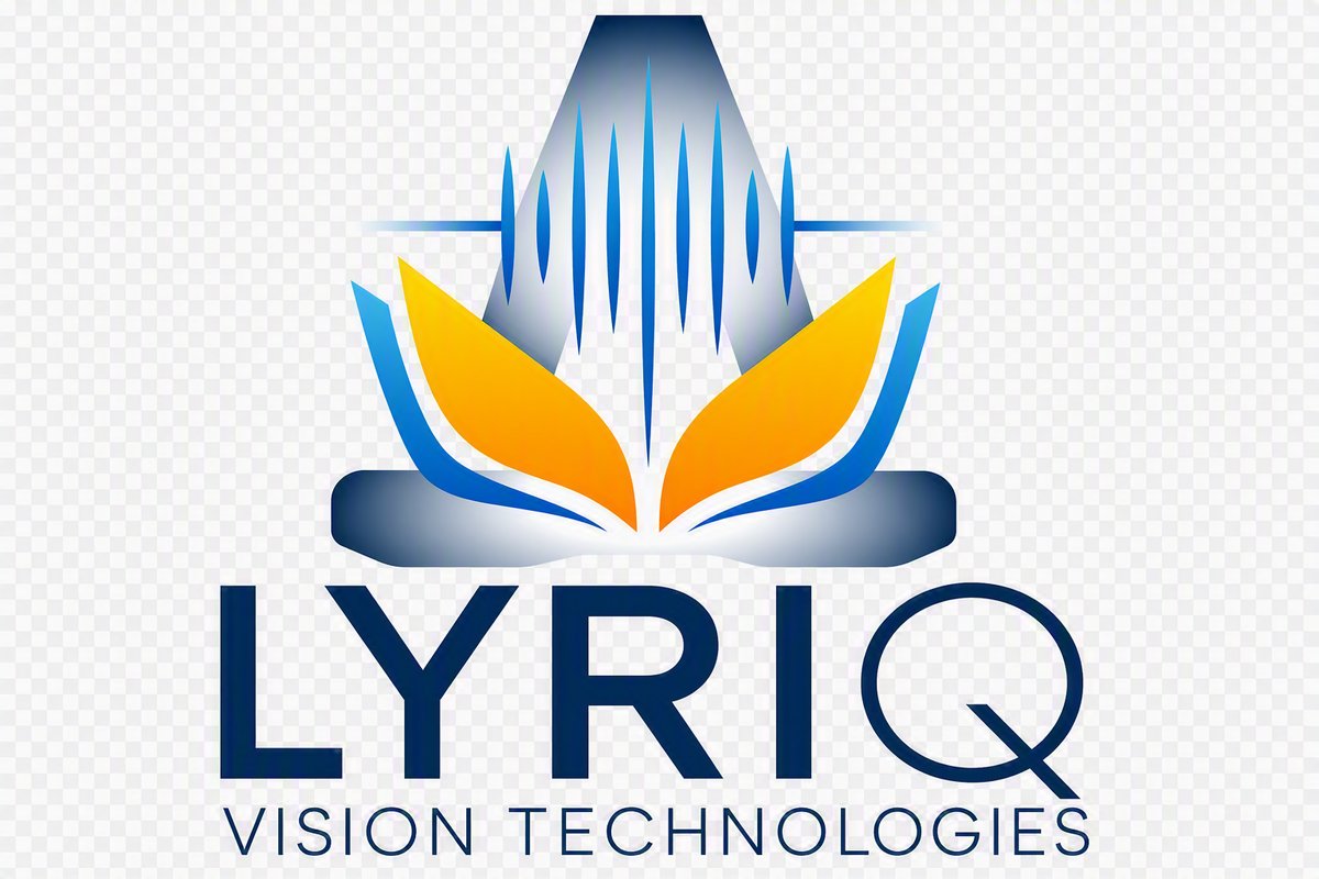 A stylized LYRIQ Vision Technologies logo featuring a blue and gray geometric structure resembling a book or open form with yellow-orange leaf-like accents, above the text 'LYRIQ VISION TECHNOLOGIES' on a transparent checkerboard background.