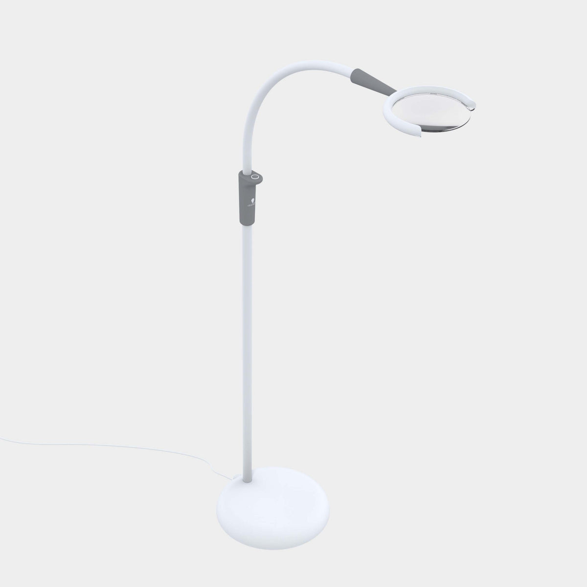 A modern white floor lamp with a circular magnifying glass head, flexible curved arm, and round base on a light gray background.