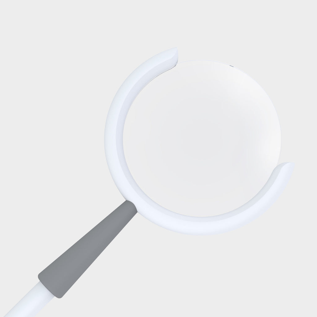 Close-up of a white magnifying glass with a gray handle on a light gray background