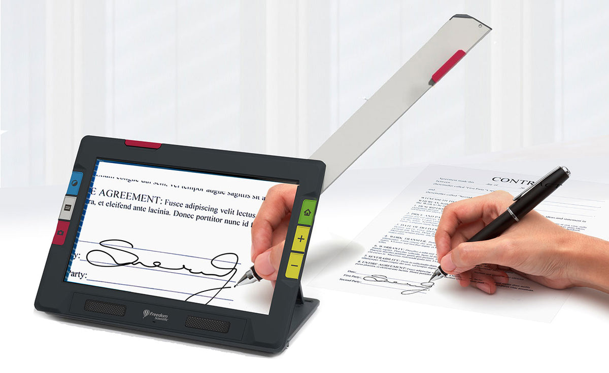 RUBY 10 Speech magnifying a hand signing a document  with a pen and document on a white background