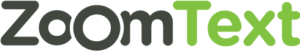 The logo for ZoomText, featuring the brand name in dark gray and bright green sans-serif font on a solid black background.