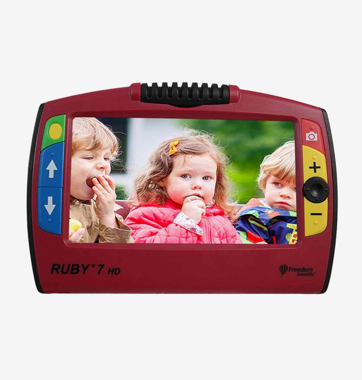 RUBY 7 HD with a screen displaying three children outdoors, on a white background.