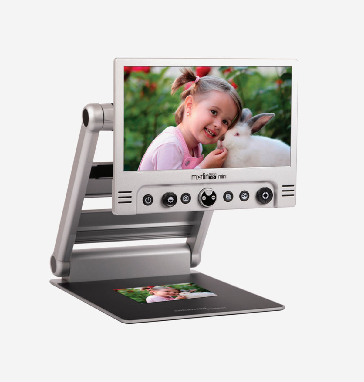 Merlin Mini HD displaying a child with a rabbit and another image on a white background