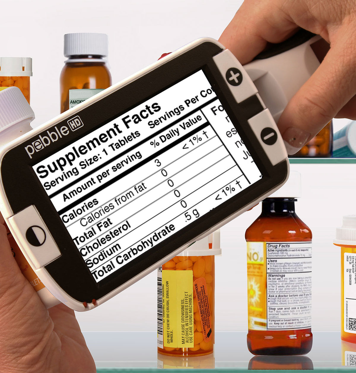 Pebble ID magnifying supplement labels