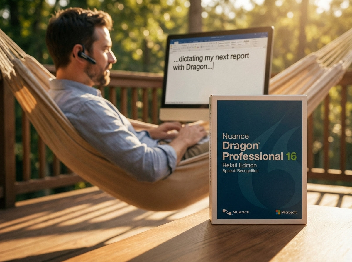 Man using laptop in a hammock, dictating a report. Software box is in the foreground