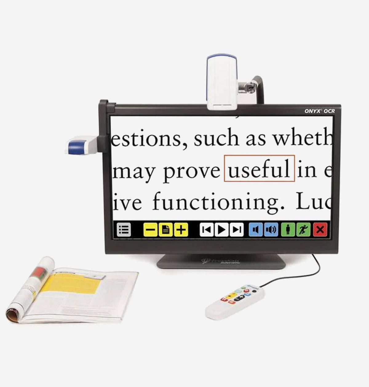 Monitor with text magnification tool and remote control on a white background