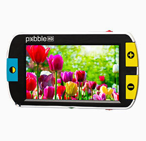 Pebble HD device displaying colorful tulips on a screen with a white background