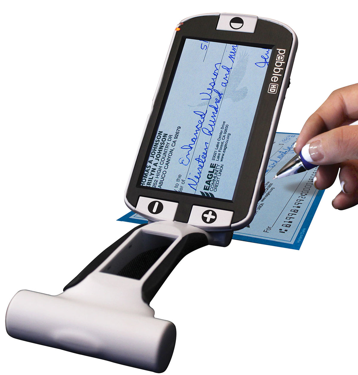 Hand holding a check, magnified by Pebble HD device