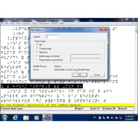 A screenshot of a software interface showing a file emboss dialog box over a page layout workspace with Braille text and a Windows taskbar at the bottom.