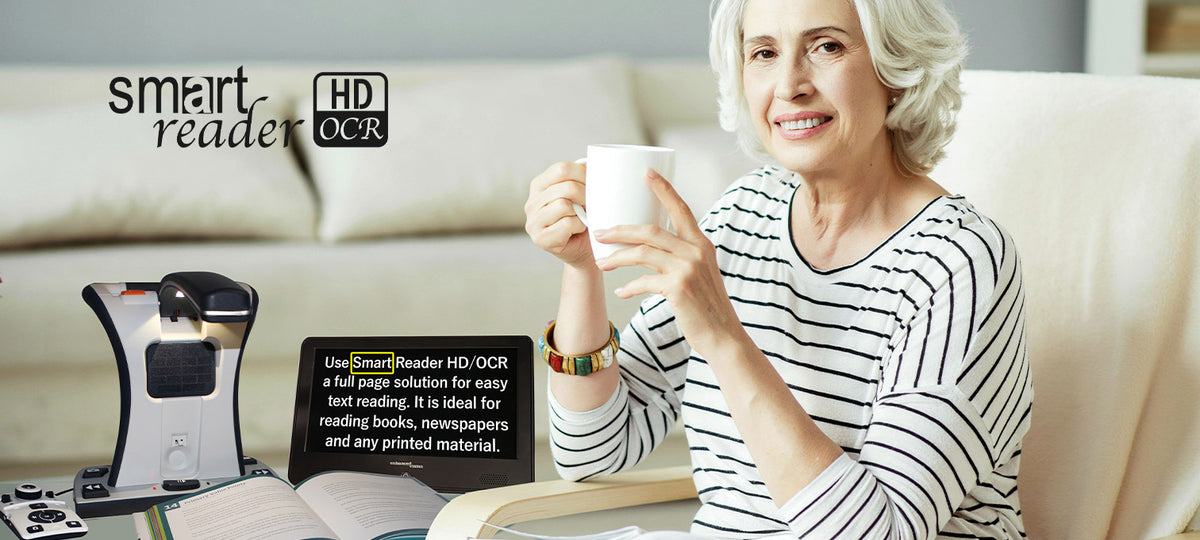 A woman with short gray hair sits on a beige sofa holding a white mug, with a smart reader HD OSCR device and a booklet on a table beside her. The smart reader HD OSCR logo is visible in the top left corner.